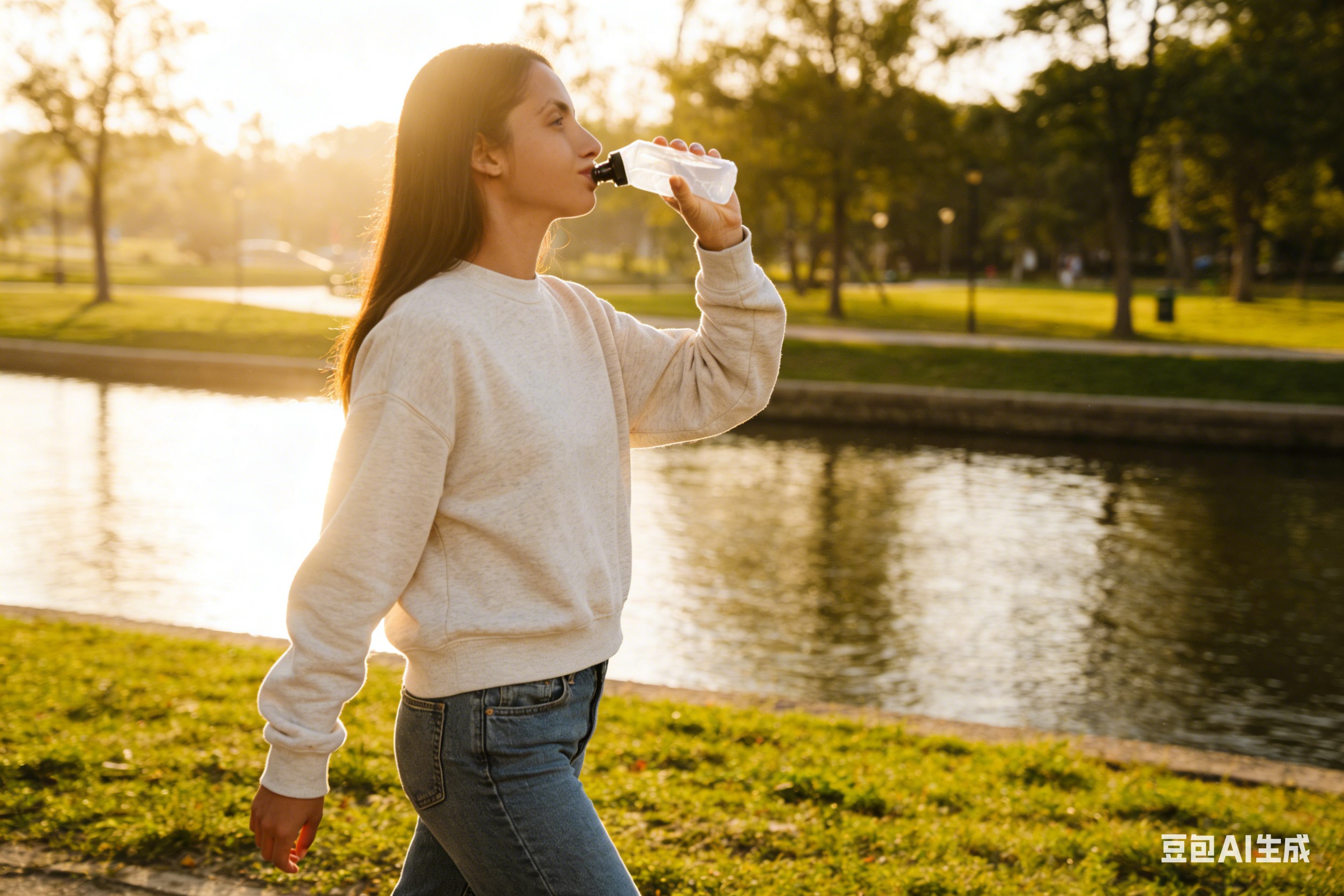 Runner taking a drink during an evening outdoor workout.