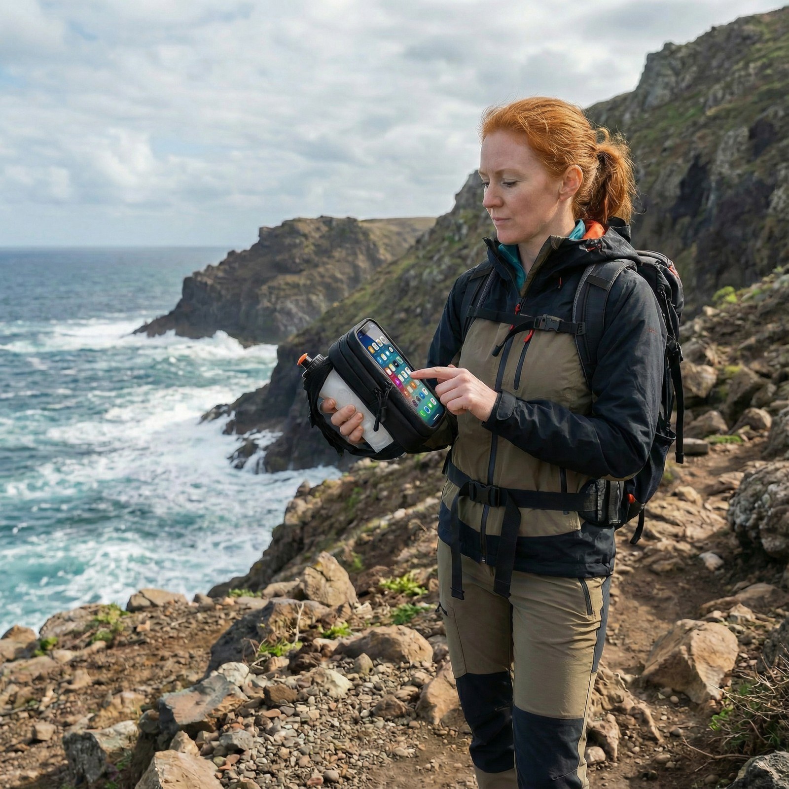 Runner using the HECHZSO handheld carrier to keep a phone and bottle in hand on a coastal route.