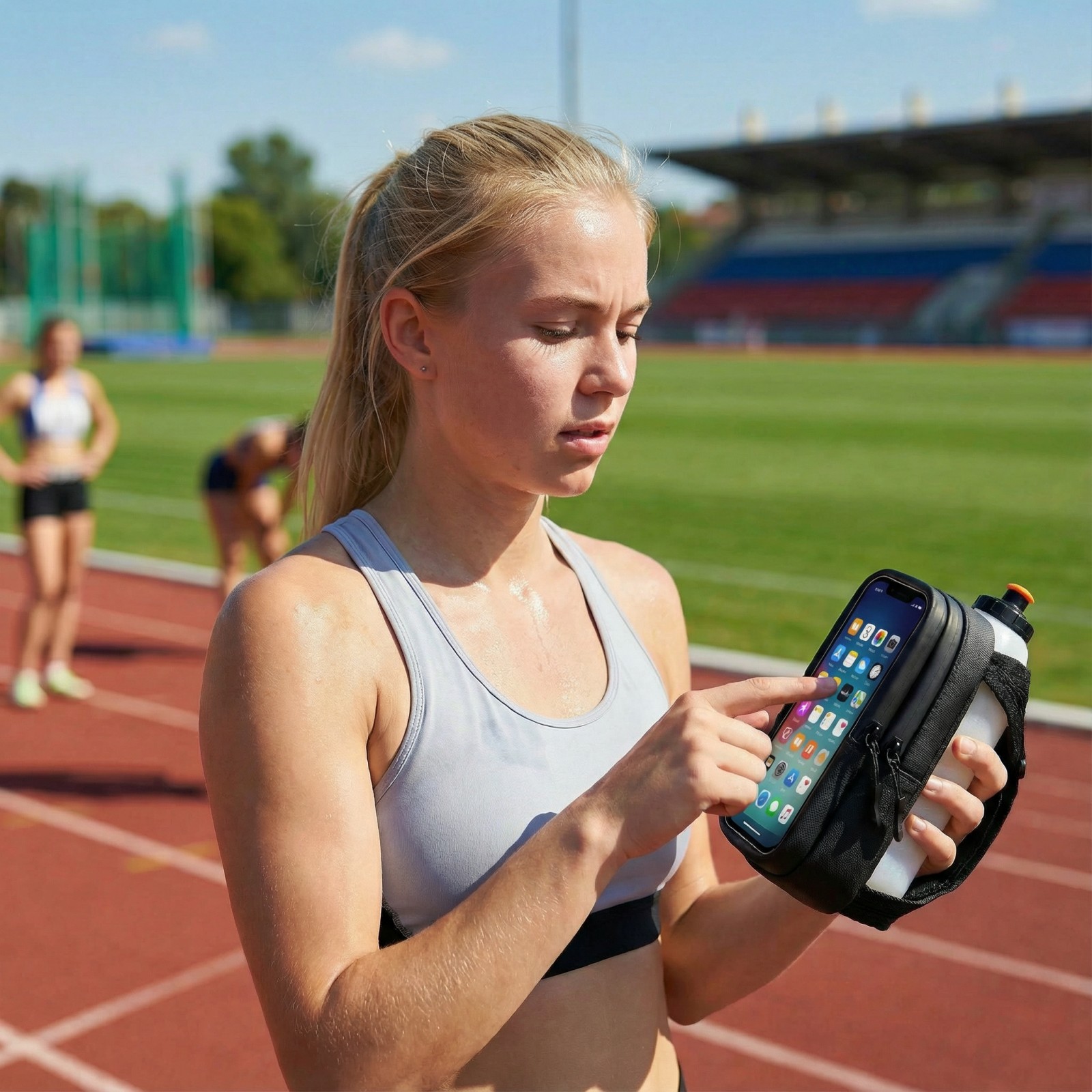 Runner using the phone pocket in the handheld carrier at a track.