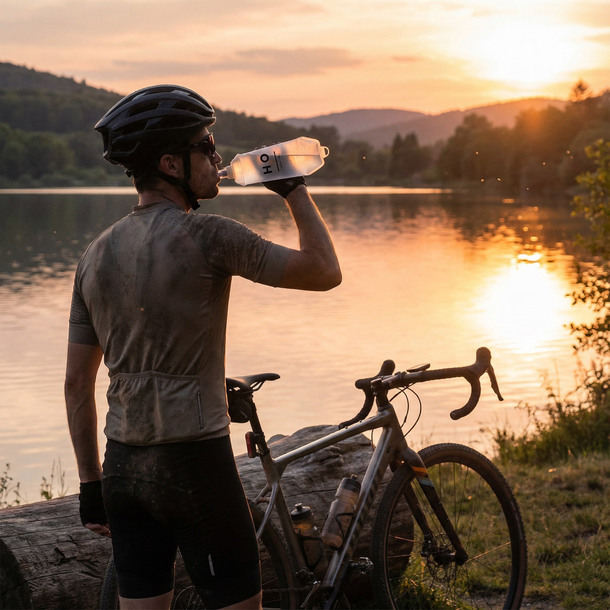 Cyclist drinking from a soft flask beside a lakeside route.